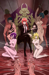 5girls artist_request bones chains chainsaw_man clothed_female_nude_female female female_only femdom femsub higashiyama_kobeni makima_(chainsaw_man) multiple_girls power_(chainsaw_man) quanxi_(chainsaw_man) restrained reze_(chainsaw_man) throne