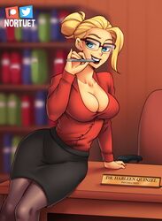 1girls alternate_version_available batman_(series) big_breasts blonde_hair blouse blue_eyes cleavage curvy dc dc_comics doctor dr._harleen_quinzel female female_only glasses hair_bun happy_female harleen_quinzel hi_res long_hair looking_at_viewer nortuet office open_mouth pantyhose pose simple_background skirt smile solo solo_femaletext watermark wide_hips