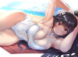 1girls absurd_res armpits arms_up azur_lane bangs bare_shoulders bikini black_hair blush bow breasts brown_eyes cameltoe cleavage clothing clothing_cutout criss-cross_halter female flower hair_flaps hair_flower hair_ornament hairbow halter_top halterneck hi_res large_breasts long_hair looking_at_viewer lying moisture_(chichi) navel_cutout on_side one-piece_swimsuit open_mouth ponytail ribbon see-through solo swimsuit takao_(azur_lane) takao_(beach_rhapsody)_(azur_lane) thighs tied_hair white_bikini white_bow white_ribbon white_swimsuit