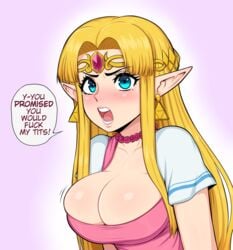 1girls afrobull blonde_hair cleavage cleavage_overflow deep_cleavage dialogue dress english_text female female_focus female_only full_cleavage funny humor hylian large_breasts looking_at_viewer nintendo paizuri_invitation pointy_ears princess_zelda solo_female speech_bubble talking_to_viewer text the_legend_of_zelda zelda_(a_link_between_worlds)