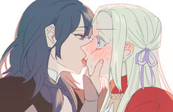 2girls assertive_female bang_gu9 blonde_hair blue_hair blush blushing byleth_(fire_emblem) byleth_(fire_emblem)_(female) cheek_squash commentary_request ear_blush edelgard_von_hresvelg embarrassed eyebrows_visible_through_hair fire_emblem fire_emblem:_three_houses heavy_blush kissing licking_lips light_purple_eyes multiple_girls nintendo purple_eyes simple_background sweat teal_hair tongue tongue_out white_background yuri