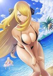 .hack//twilight 2girls absurd_res alolan_exeggutor alternate_breast_size beach bent_over bikini black_bikini blonde_hair blonde_hair_over_one_eye breasts caitlin_(pokemon) caitlin_(pokemon_bw) champion cleavage cynthia_(pokemon) elite_four female hair_over_one_eye hi_res large_breasts long_blonde_hair looking_at_viewer pokemon pokemon_(game) pokemon_bw pokemon_dppt smile wet