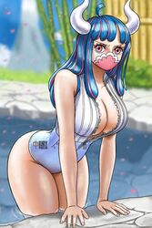 1girl 1girls all_fours bamboo big_ass big_breasts big_butt blue_hair blue_hair_female cleavage clouds collarbone covered_mouth eyebrows eyelashes face_mask facemask female female_only fit_female horned_female horns iury_padilha large_breasts long_hair mountain_background one_piece onsen partially_submerged partially_submerged_legs petals pink_eyes pink_eyes_female pink_hair pose posing sky solo swimsuit two_tone_hair ulti_(one_piece) voluptuous voluptuous_female watermark white_horns white_swimsuit wooden_wall zipper zipper_down