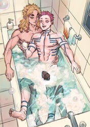 2boys akaza_(kimetsu_no_yaiba) bath bathing bathroom bathtub blonde_hair body_markings convenient_censoring demon_slayer gay hair_down human kaizbow kimetsu_no_yaiba male male_only muscular nude pink_hair rengoku_kyoujurou shared_bathing sitting_on_lap sitting_on_person smile tattoos yaoi