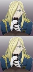 blonde_hair blue_eyes censor_bar cum cum_in_mouth cum_inside dark-skinned_male dark_skin fellatio female fullmetal_alchemist fullmetal_alchemist_brotherhood gloves guhanshounen hair_over_one_eye interracial lips long_hair looking_at_viewer male military_uniform olivier_mira_armstrong oral straight uniform