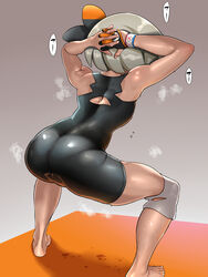 1girls arms_behind_head ass ass_focus bea_(pokemon) big_ass big_butt breasts cameltoe feet female grey_hair hair_ribbon kilesha kirewisha leotard nintendo pokemon pokemon_ss shiny_clothes shiny_skin solo sweat thick_thighs thighs tight_clothing