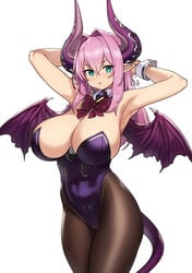 1girls aqua_eyes armpits arms_behind_head big_breasts bodysuit breasts cattleya_(houtengeki) cleavage demon_girl demon_horns demon_tail demon_wings detached_collar female female_only horns houtengeki large_breasts leotard long_hair looking_at_viewer neck_ribbon original original_character pantyhose pink_hair pointy_ears solo solo_female succubus succubus_horns succubus_tail succubus_wings tail white_background wings wrist_cuffs