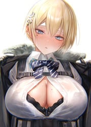 1girls absurdres black_bra black_gloves blonde_hair blue_eyes blush bow bra breasts cleavage collared_shirt female female_only fur_trim girls'_frontline gloves hair_ornament highres jacket lace-trimmed_bra lace_trim large_breasts looking_at_viewer mole mole_on_breast mole_under_eye open_clothes open_shirt parted_lips pottsness see-through shirt short_hair simple_background snowflake_hair_ornament solo solo_female sweat unbuttoned upper_body very_short_hair vsk-94_(girls_frontline) white_background white_shirt