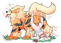 1girls arcanine blush breasts breasts_out brown_hair canine caught closed_eyes clothing cum cum_in_pussy cum_inside day_care_jade female furfursha game_freak hat interspecies knot_dragging knot_hanging knot_tie long_hair male male_pokemon/female_human nintendo nipples open_mouth outside panties_around_leg penetration penis pokemon pokemon_(species) pokemon_rgby pokemon_trainer pokephilia public pussy sex size_difference spread_legs stomach_bulge tied_knot vaginal_penetration zoophilia