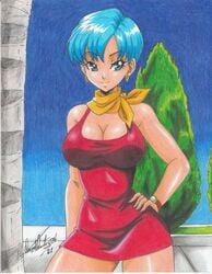 1girls 2021 bare_shoulders big_breasts blue_eyes blue_hair bulma_briefs cleavage dragon_ball dragon_ball_super microdress milf minidress pencil_(artwork) ravern_clouk red_dress short_hair solo solo_female tagme thick_thighs