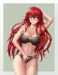 1girls ahoge black_underwear blue_eyes blush bra breasts female high_school_dxd highres large_breasts long_hair looking_at_viewer open_mouth panties porblee red_hair rias_gremory smile solo thigh_gap underwear