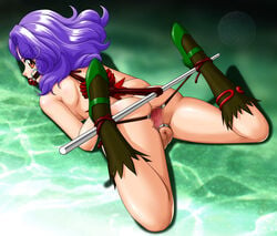 1girls anal_dilation arms_behind_back ass ball_gag blue_hair bondage breasts censored female femsub gag gagged gape gloves high_heels hiromi_kawanami large_ass large_breasts naked_footwear naked_gloves naked_heels nude onoe open_anus purple_hair rope spreader_bar wedding_peach