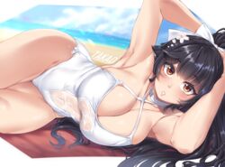 1girls absurd_res armpits arms_up azur_lane bangs bare_shoulders bikini black_hair blush bow breasts brown_eyes cameltoe cleavage clothing clothing_cutout criss-cross_halter female flower hair_flaps hair_flower hair_ornament hairbow halter_top halterneck hi_res large_breasts long_hair looking_at_viewer lying moisture_(chichi) navel_cutout on_side one-piece_swimsuit open_mouth ponytail ribbon see-through solo swimsuit takao_(azur_lane) takao_(beach_rhapsody)_(azur_lane) thighs tied_hair white_bikini white_bow white_ribbon white_swimsuit