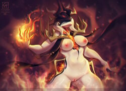 1girls alien alien_girl alternate_costume armor black_skin completealienation ember_(warframe) fire horn horns large_breasts multicolored_skin nipples nude orange_eyes pyrokinesis thick_thighs warframe white_skin