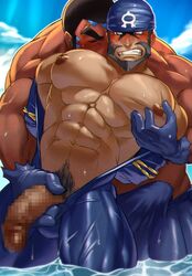 2boys abs alternate_pectoral_size archie_(pokemon) bara bare_pectorals blue_bandana blue_bodysuit blush bodysuit boner brown_hair bulge censored dark-skinned_male dark_skin darlton erection erection_under_clothes facial_hair flaccid grabbing groping highres kissing kissing_neck large_pectorals male_focus male_only male_pubic_hair matt_(pokemon) mature_male mosaic_censoring moustache multiple_boys muscular muscular_male navel navel_hair nintendo nipples open_bodysuit partially_submerged pectoral_grab pectorals penis penis_grab pokemon pokemon_rse pubic_hair short_hair skin_tight smelling stomach sweat team_aqua thick_thighs thighs torogao undressing_another wet wetsuit yaoi