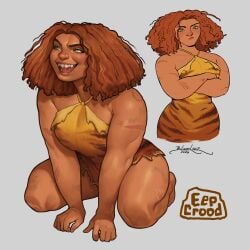 1girls ass bbw blanclauz cavewoman dark-skinned_female eep_crood female female_only frizzy_hair green_eyes grey_background halterneck kneeling muscular muscular_arms muscular_female open_mouth plump red_hair simple_background smile solo teeth the_croods