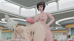 1futa 1girls 3d bent_over big_ass big_penis cum cum_on_body diner duo female french_nails futa_on_female futanari interracial light-skinned_female light-skinned_futanari mei_(overwatch) mercy overwatch wxokky