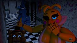 1girls 3boys 3d five_nights_at_freddy's fnaf gay nightbotgrey toy_bonnie_(fnaf) toy_chica_(fnaf) toy_freddy_(fnaf) withered_bonnie