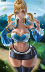 1girls belly blonde_hair brown_eyes cleavage detached_sleeves fairy_tail huge_breasts izhardraws looking_at_viewer lucy_heartfilia microskirt miniskirt narrow_shoulders skirt thick_thighs twintails wide_hips