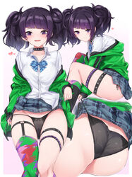 ass bangs black_choker black_legwear black_panties blush choker diagonal_bangs ear_piercing eyebrows_visible_through_hair female garter_straps green_jacket highres idolmaster idolmaster_shiny_colors jacket lifted_by_self long_hair long_sleeves looking_at_viewer multiple_views nail_polish open_mouth panties piercing plaid plaid_neckwear plaid_skirt pleated_skirt purple_eyes purple_hair purple_nails school_uniform side-tie_panties single_thighhigh skirt skirt_lift smile spiked_choker spikes standing studded_choker tanaka_mamimi thigh_strap thighhighs twintails underwear wedgie yoi_naosuke