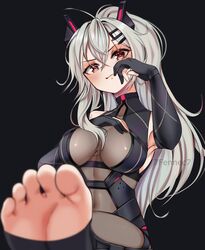 1girls 7fennec7 armpits collar feet feet_up female fingerless_gloves foot_fetish indie_virtual_youtuber long_hair saruei_(vtuber) smug_face solo toeless_socks toes virtual_youtuber