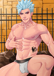 1boy ban_(nanatsu_no_taizai) erection_under_clothes jockstrap male male_only maorenc muscular_male nanatsu_no_taizai penis_under_clothes solo solo_male underwear white_underwear