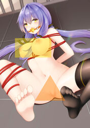 big_breasts blue_hair bondage breasts crying feet gag mouth_gag nipples pussy rope_bondage stardust_(vocaloid) stars synthesizer_v thick_thighs thighhighs toes twintails vocaloid xingchen_(vocaloid) yellow_eyes