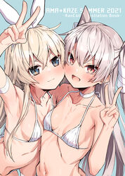 amatsukaze_(kantai_collection) bikini blonde_hair blue_eyes blush blush hitsujikan kantai_collection possible_duplicate red_eyes shimakaze_(kantai_collection) silver_hair takanashi_kei takanashi_kei_(hitsujikan) white_bikini