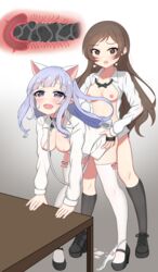 2girls bent_over bent_over_table blue_eyes blue_hair breasts_out brown_eyes brown_hair cat_ears deep_penetration dildo femdom from_behind heart-shaped_pupils idolmaster idolmaster_million_live! kitazawa_shiho leash lesbian looking_pleasured multiple_girls open_shirt panties_around_one_leg pussy_juice pussy_juice_drip shiraishi_tsumugi simple_background strap-on thighhighs vaginal_penetration x-ray yuri