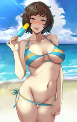 1girls 2021 areola_slip areolae atlus bare_legs beach belly_button bikini bikini_bottom_pull blue_sky breasts brown_eyes brown_hair curly_hair female female_focus female_only food hi_res hips holding_object huge_breasts lainart large_areolae looking_at_viewer megami_tensei naughty_face outdoors persona persona_5 popsicle sadayo_kawakami sand sega short_hair side-tie_bikini slim_waist standing striped_bikini suggestive_look swimsuit swimwear thigh_gap thighs tongue tongue_out underboob water wide_hips