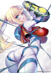 2021 arm_cannon arms_up blonde_hair blue_eyes blush bodysuit bondage entangled hong_(white_spider) jetpack looking_back low-angle_view metroid metroid_dread nintendo nipple_bulge open_mouth pokies ponytail power_suit samus_aran signature soft_shading squeezing_breast squeezing_butt three-quarter_portrait tied_up white_background