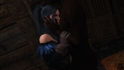 1boy 1girl 1girls 3d black_hair cd_projekt_red clothed_female_nude_male dark-skinned_male dark_skin female hand_on_face holding kissing_chest long_hair male ponytail purple_eyes source_filmmaker tagme thatsnowygirl the_witcher the_witcher_(series) the_witcher_3:_wild_hunt yennefer