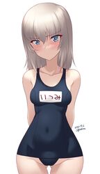 arms_behind_back blush female girls_und_panzer grey_hair itsumi_erika light_blue_eyes looking_at_viewer medium_hair simple_background swimsuit watermark