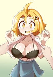 ! big_breasts black_bra blonde_hair breasts cleavage danchan danger_sign fbi federal-breast-inspection female female_focus female_only flashing frilled_bra hi_res lucyfercomic original original_character surprised white_skin yellow_eyes yellow_tongue