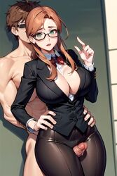 ai_generated big_breasts big_penis bowtie brown_hair_female buttons cleavage ear fingers gasp glasses green_eyes holding_waist hourglass_figure nervous_face nude_male_clothed_female penis_between_thighs precum_string promptchan shiny_pants straight suit sunglasses surprised_expression thick_thighs tight_clothing white_skin