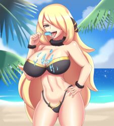 1girls beach big_breasts bikini blonde_hair breasts cynthia_(pokemon) grey_eyes hair_ornament ice_cream licking long_hair neoreptil nintendo pokemon pokemon_dppt solo standing thick_thighs thighs tongue_out