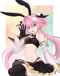 1boy astolfo_(fate) braid braided_hair bunny_ears bunnysuit crop_top crossdressing crossdressing_male fate/grand_order fate_(series) femboy male male_only midriff pink_hair purple_eyes ri-ko short_skirt solo solo_male thick_thighs thighhighs trap