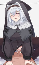 1boy ;d arknights black_capelet black_dress black_legwear blush breasts breath capelet censored clothed_female_nude_male clothed_sex cowgirl_position cowgirl_position cum cum_in_pussy dress ejaculation eyebrows_visible_through_hair female habit hair_between_eyes hands_on_another's_chest highres indoors long_hair long_sleeves medium_breasts mosaic_censoring motion_lines multico nude nun one_eye_closed open_mouth red_eyes sex silver_hair smile solo_focus specter_(arknights) straddling straight sweat thighhighs thighs upper_teeth veil