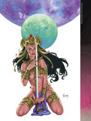 1girls a_princess_of_mars barsoom black_hair bracelet dejah_thoris green_eyes headdress holding_weapon joe_jusko john_carter_of_mars kneeling loincloth long_hair looking_at_viewer martian official_art royalty sword unconvincing_armor