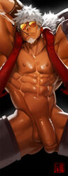 1boy abs arms_behind_head arms_up bara bare_pectorals black_gloves brown_pants cigarette dakimakura_(medium) elbow_gloves facial_hair flaccid gloves goatee grey-framed_eyewear gyee highres jacket male male_only mature_male muscular muscular_male na_insoo navel niko_(gyee) nipples no_underwear open_clothes open_jacket orange-tinted_eyewear pants pectorals penis red_eyes red_jacket rennik short_hair sideburns sleeveless sleeveless_jacket smoking solo spiked_hair stomach sunglasses thick_thighs thighhighs thighs tinted_eyewear uncensored white_hair