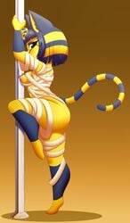 1girls 2021 animal_crossing ankha anthro areolae ass bandage barefoot blue_hair bob_cut breasts cat_ears cat_tail dazadoop egyptian eyeshadow female female_only furry looking_at_viewer nintendo nipples one_leg_up pole pole_dancing solo stripper_pole tail yellow_fur