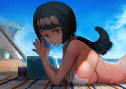 1girls absurdres alternate_breast_size bangs beach bikini bikini_top blue_eyes blue_hair blue_sky breasts bright_pupils closed_mouth creatures_(company) day female female_only fenris fingers_together from_side game_freak highres horizon lana's_mother_(pokemon) large_breasts long_hair looking_at_viewer low_ponytail lying milf mob_face nintendo on_stomach outdoors own_hands_together pokemon pokemon_(game) pokemon_sm shade sideboob sky smile solo swept_bangs swimsuit tianzhong_zhongtian white_bikini white_pupils