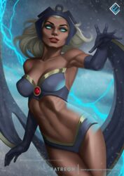 1girls african african_female bikini blue_eyes dark-skinned_female evandromenezes fit_female flying gloves glowing_eyes headdress large_breasts long_hair looking_at_viewer marvel marvel_comics ororo_munroe revealing_clothes storm_(x-men) white_hair x-men