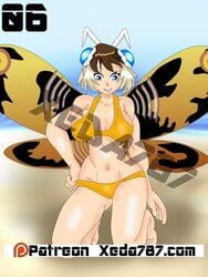 1girls artist_request beach big_breasts blue_eyes brown_hair godzilla_(series) kaiju_girl kaiju_girls_(webcomic) mothra mothra_(series) smiling swimsuit two_tone_hair white_hair wings yellow_swimsuit