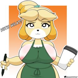 1girls :3 animal_crossing apron apron_only areolae canine female female_only iced_latte_with_breast_milk isabelle_(animal_crossing) looking_at_viewer manus90080 meme naked_apron nintendo tagme yellow_body yellow_hair