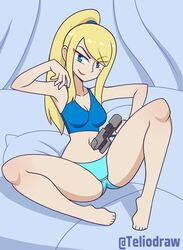 1girls ass_visible_through_thighs beauty_mark bed bedsheets blonde_hair blue_eyes breasts female female_only gun holding holding_gun holding_object holding_weapon human indoors lipstick looking_at_viewer medium_hair metroid nintendo on_bed panties pillow pin-up pin_up ponytail samus_aran sitting sitting_on_bed solo teliodraw video_games weapon white_skin