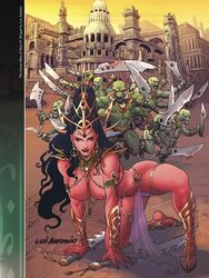 1girls 4_arms a_princess_of_mars alien barsoom black_hair brown_eyes dejah_thoris green_martian green_skin headdress holding_weapon john_carter_of_mars large_breasts larger_male loincloth long_hair looking_at_viewer lui_antonio martian multi_arm multi_limb multiple_monsters official_art on_all_fours pink_skin red_eyes royalty sandals shoulder_armor size_difference smaller_female sword voluptuous