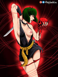 1girls armwear blade bob_(haircut) breasts_out choker clothed clothes female female_focus female_only green_hair hair_tie hairy hairy_pussy inuyasha lipstick ninja nip_slip nipple_slip panties panties_down philipsmitheros pubic_hair red_eyes short_dress short_hair skull solo weapon yura_of_the_hair