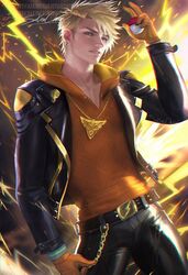 1boy belt belt_buckle blonde_hair blush bulge bulge_through_clothing earring electricity freckles hoodie human jacket leather leather_jacket leather_pants looking_at_viewer male male_only necklace pokemon sakimichan solo_male spark_(pokemon)