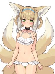 animal_ear_fluff animal_ears areolae arknights arms_behind_back bangs bikini blonde_hair bondage bound bound_arms braid breasts cleft_of_venus collar completely_nude cowboy_shot crying crying_with_eyes_open eyebrows eyebrows_visible_through_hair eyewear_on_head female flat_chest fox_ears fox_girl fox_tail frilled_bikini frills green_eyes hairband highres kitsune leash legs_together looking_at_viewer multi_ear multi_tail multicolored_hair navel oripathy_lesion_(arknights) parted_lips peeing peeing_self sidelocks sigm@ simple_background small_breasts solo standing streaked_hair suzuran_(arknights) tail tears twin_braids two-tone_hair urine white_background